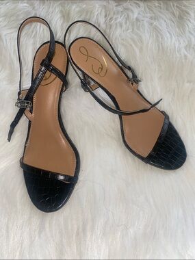 Black Croc-Embossed Slingback Sandals